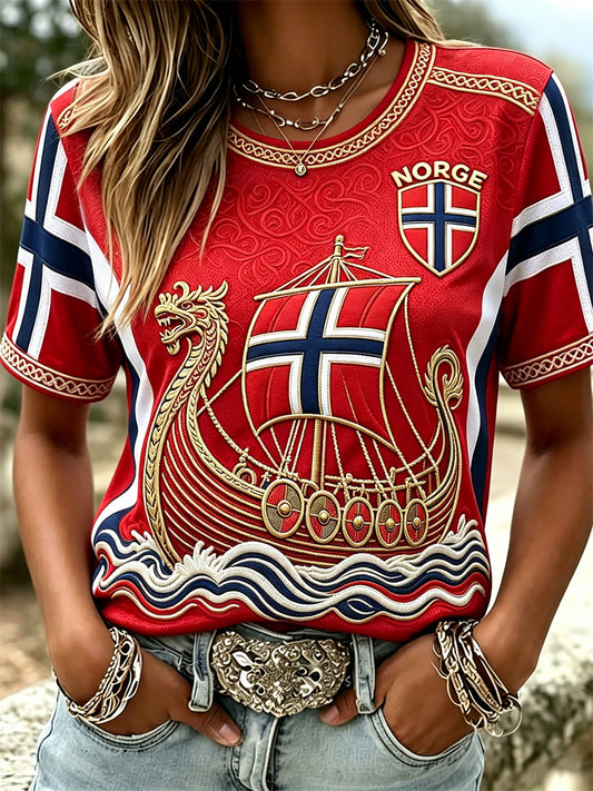Dammens Norge Vikingaskipskeltisk knut-flaggtryck t-shirt med korta ärmarna