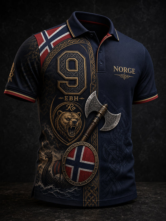 Mansligt norsk vikingtematiskt patriotiskt konsttryckt polotröja