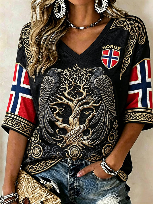 Kvinnors vikingarkar träd av liv keltisk knop Flag Skriv ut mitt längd ärmar V-hals T-shirt