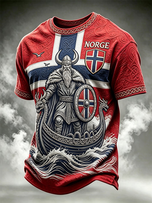 Men's Norway Viking Warrior & Ship Celtic Knot Flag Skriv ut korta ärmar t-shirt