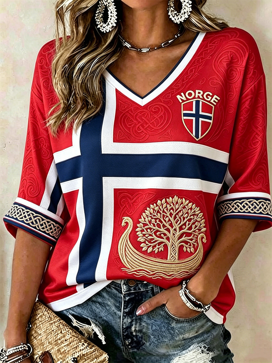 Kvinnors vikinga skepp träd av liv keltisk knop Flag Skriv ut med längd ärmar V-hals T-shirt