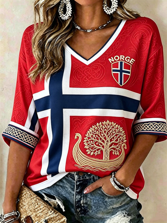Kvinnors vikinga skepp träd av liv keltisk knop Flag Skriv ut med längd ärmar V-hals T-shirt