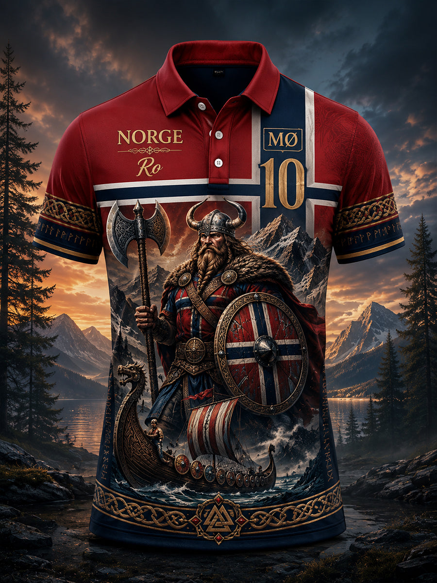 Mansligt norsk vikingtematiskt patriotiskt konsttryckt polotröja