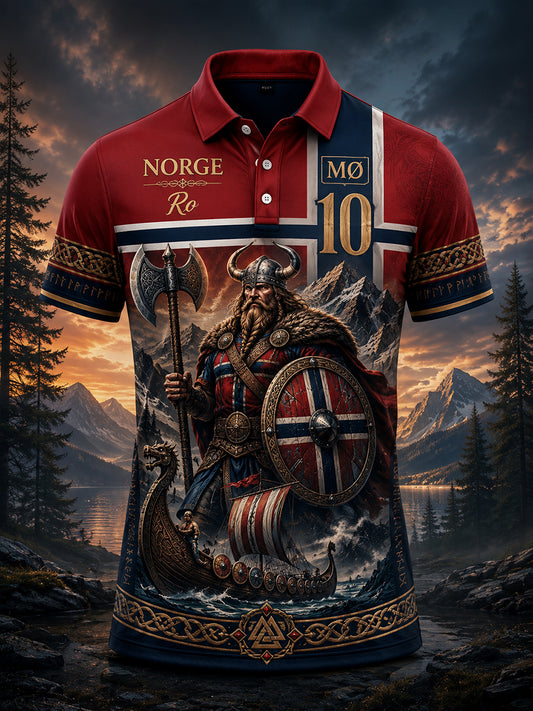 Mansligt norsk vikingtematiskt patriotiskt konsttryckt polotröja