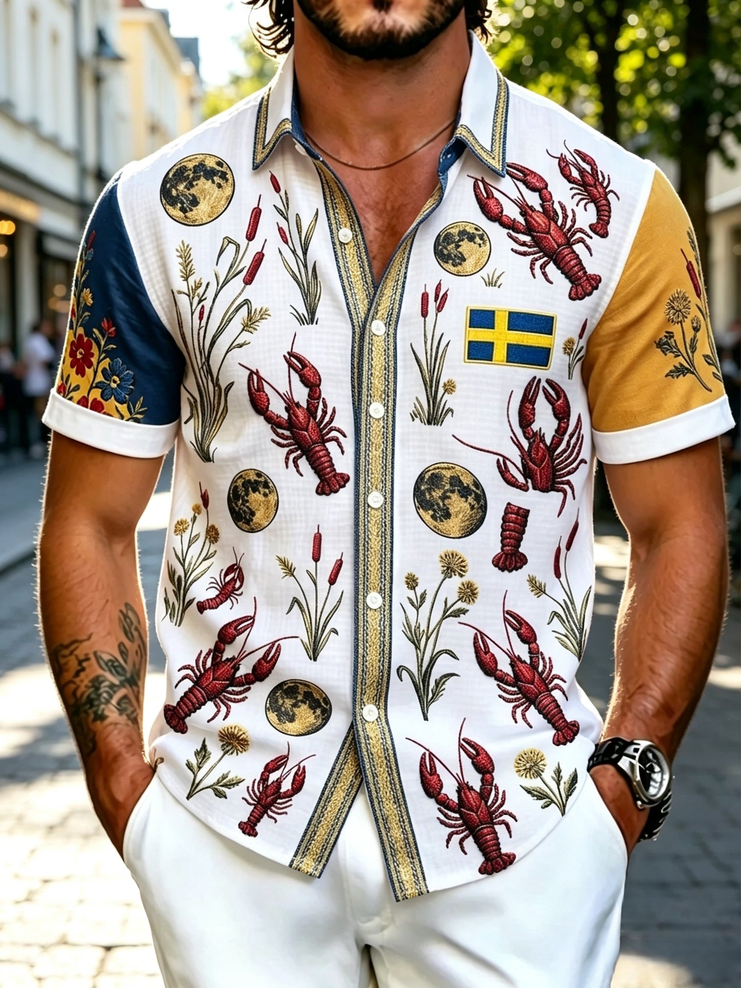 Herrskjorta i retrostil med svensk hummerfestivalmönster, kortärmad, i bomull-linne