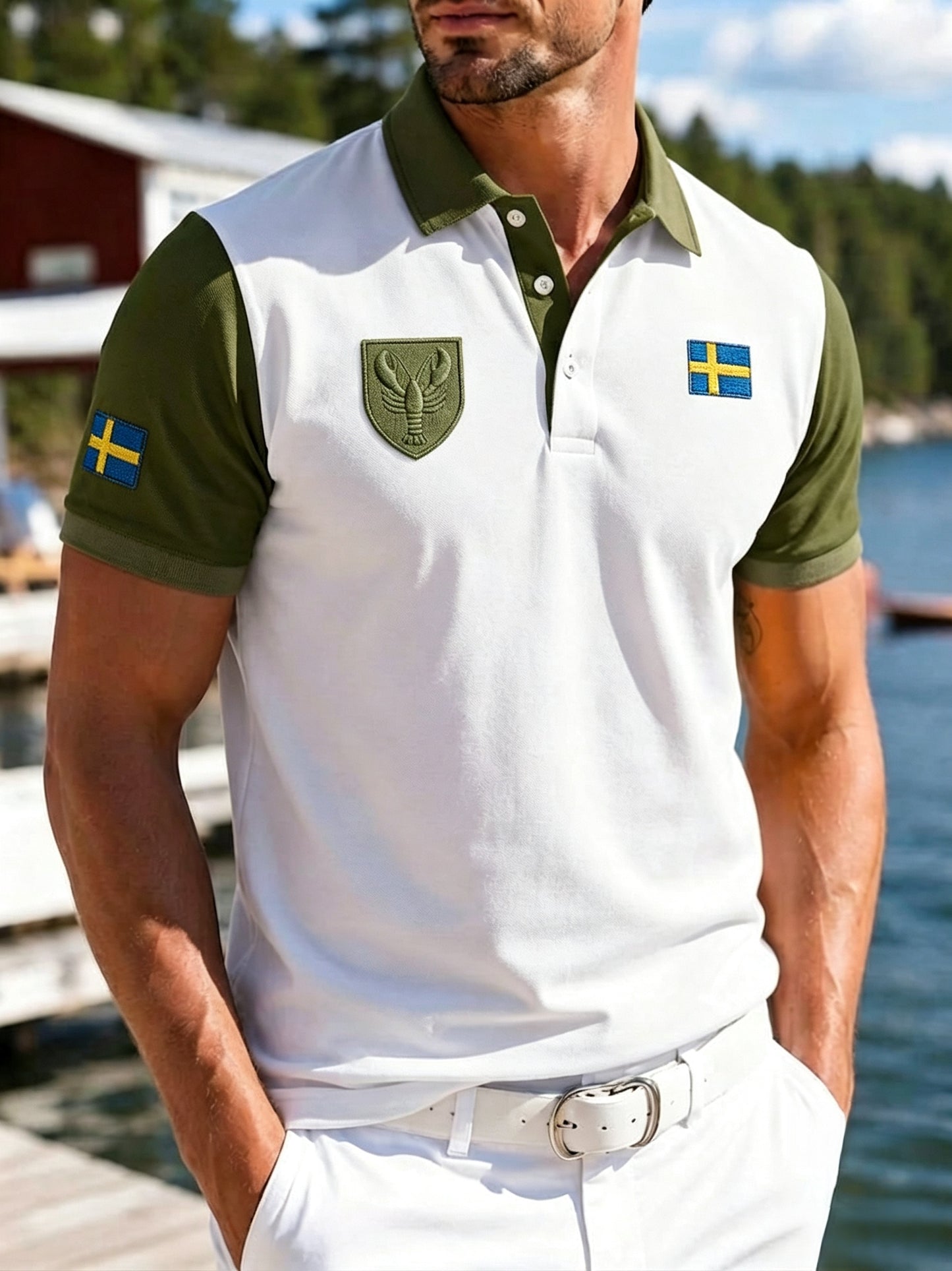 Herrpolotröja med retrotryck från den svenska hummerfestivalen