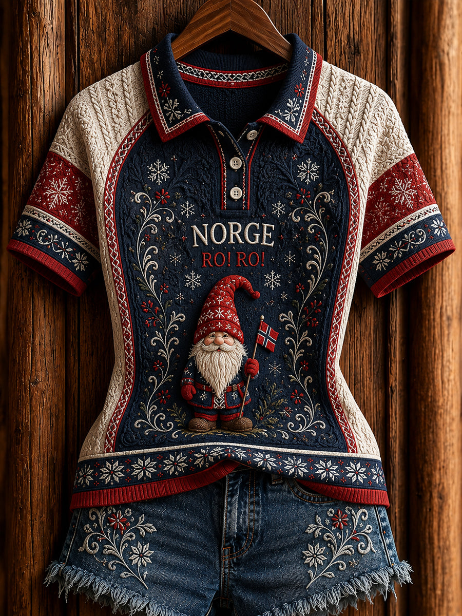 Retro norskt RO! RO! Nisse Patchwork Casual Polo tröj