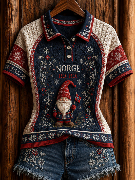 Retro norskt RO! RO! Nisse Patchwork Casual Polo tröj