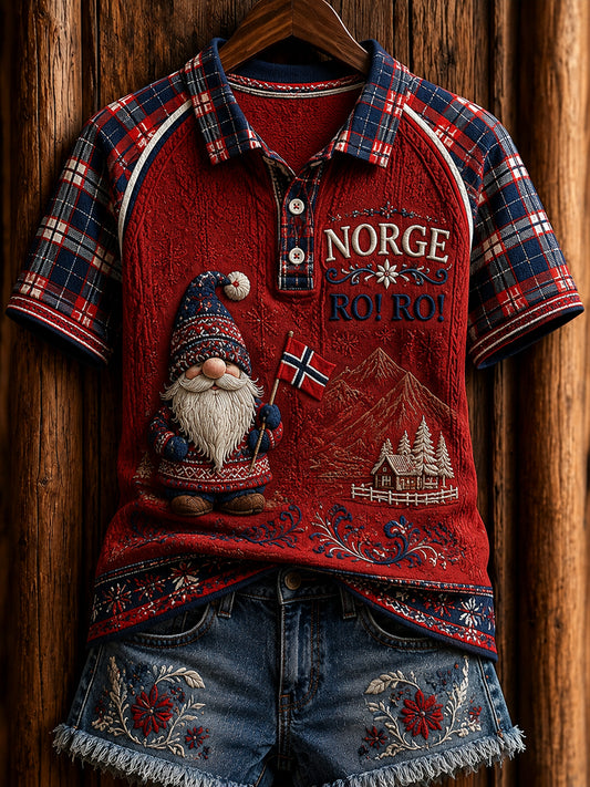 Retro Norska Nisse Checkered Patchwork Casual Polo Skjorta