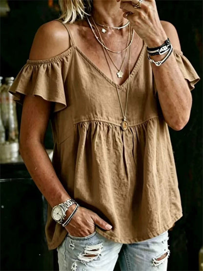 Kvinnors Vintage Off axlar Ruffle Slemärm Boho line tröj