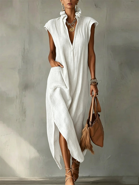 Kvinnor Patch Pocket Ruffle V hals sida slit Maxi klänning