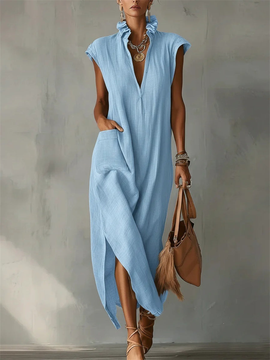 Kvinnor Patch Pocket Ruffle V hals sida slit Maxi klänning