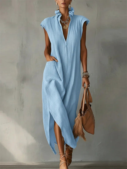 Kvinnor Patch Pocket Ruffle V hals sida slit Maxi klänning