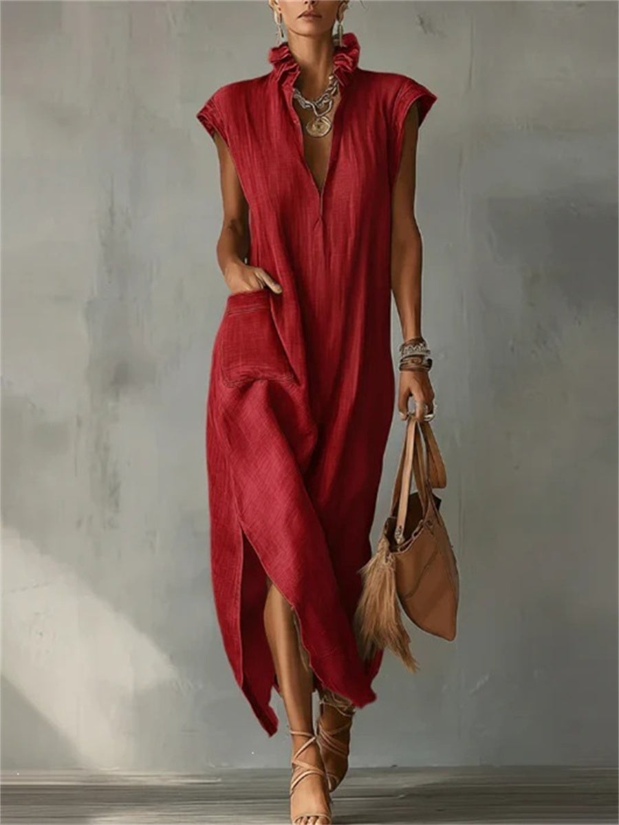 Kvinnor Patch Pocket Ruffle V hals sida slit Maxi klänning