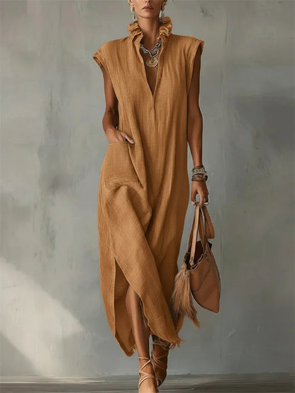 Kvinnor Patch Pocket Ruffle V hals sida slit Maxi klänning