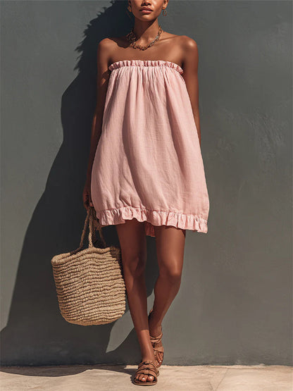 Kvinnors Vintage Ruffle Trim Strapless Puff Mini Dress