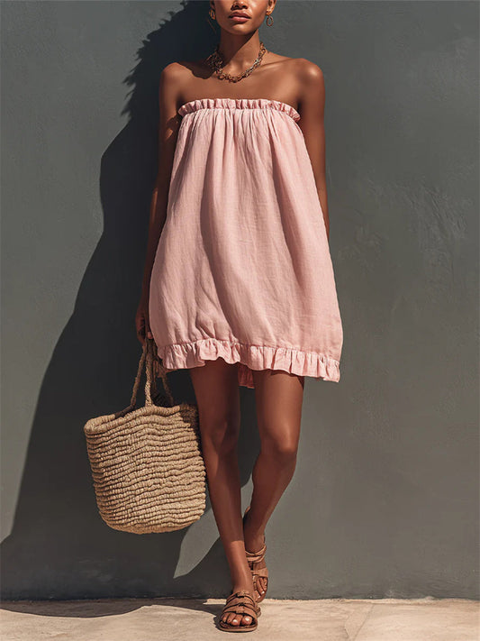 Kvinnors Vintage Ruffle Trim Strapless Puff Mini Dress