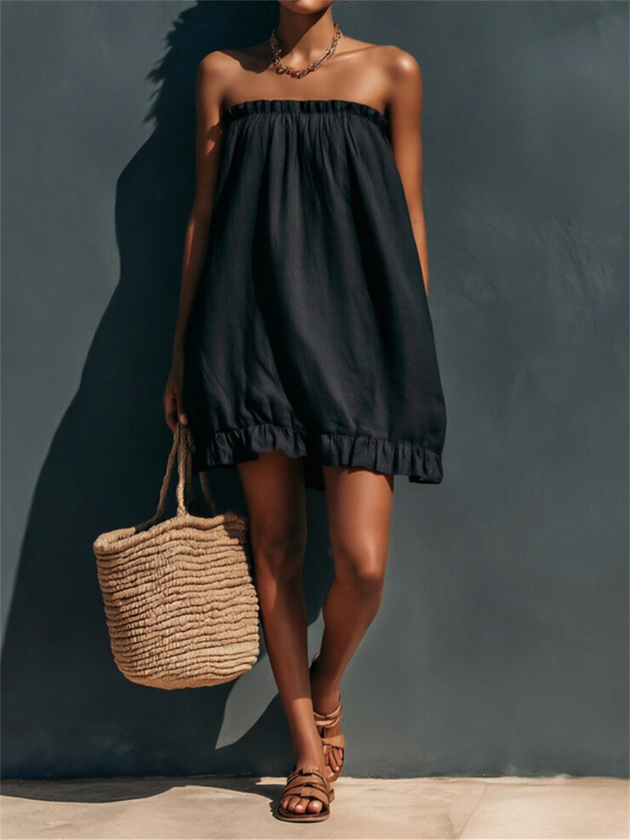 Kvinnors Vintage Ruffle Trim Strapless Puff Mini Dress