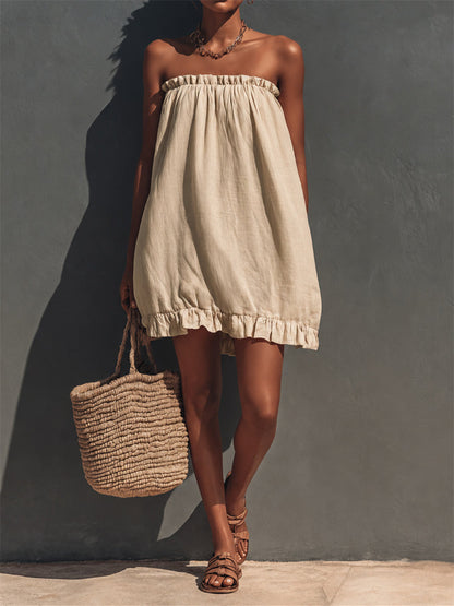 Kvinnors Vintage Ruffle Trim Strapless Puff Mini Dress