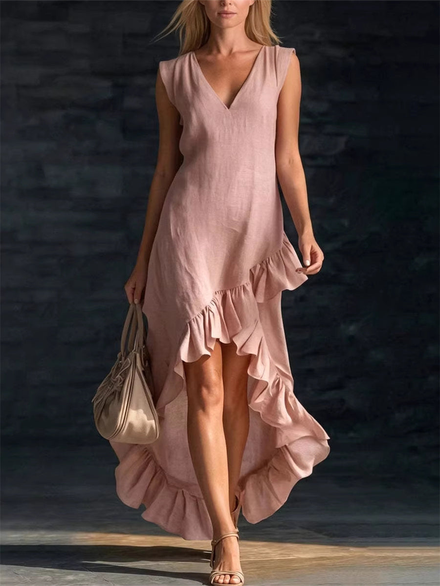 Kvinnors stilfulla Ruffle trim silt botten Flowy Maxi klänning