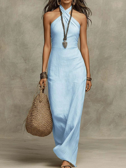 Kvinnors Vintage klassisk Twist Halter halter hals Slim Fit Maxi Klänning
