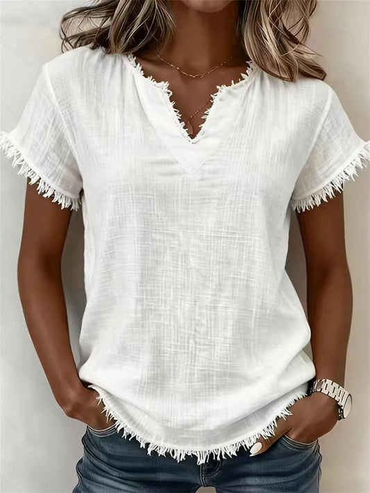 Damens Fringe Trim Notch hals linne kortärmade T-shirt
