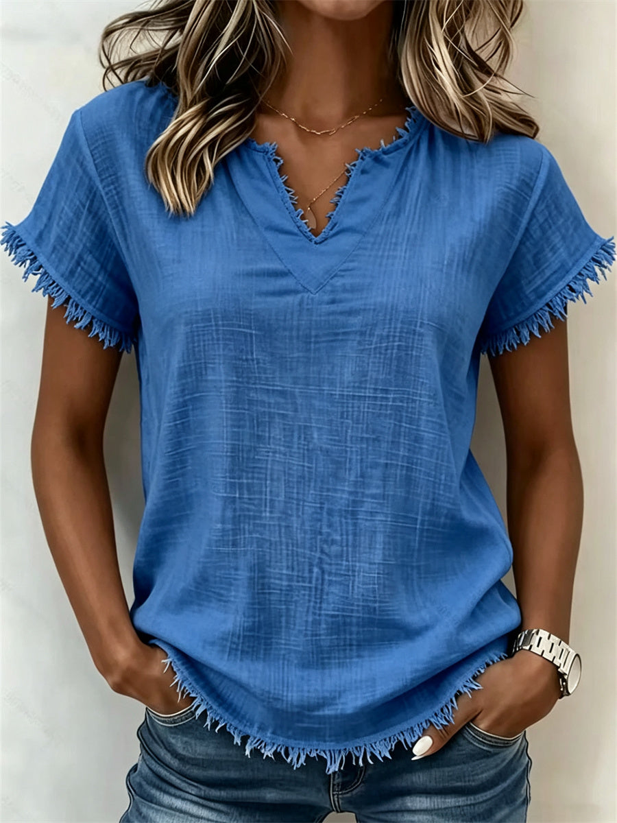 Damens Fringe Trim Notch hals linne kortärmade T-shirt