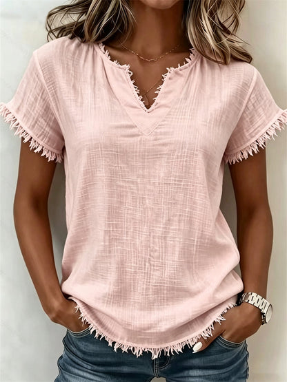 Damens Fringe Trim Notch hals linne kortärmade T-shirt