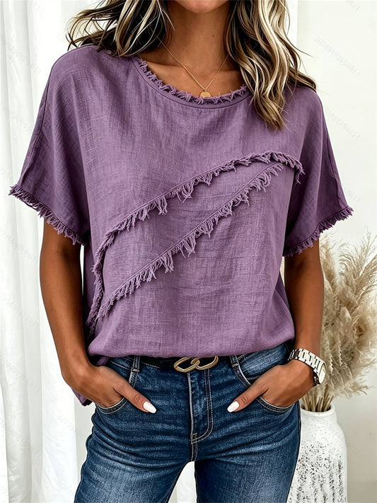 Damers Frayed Fringe Trim Patchwork linne kortärmad T-shirt