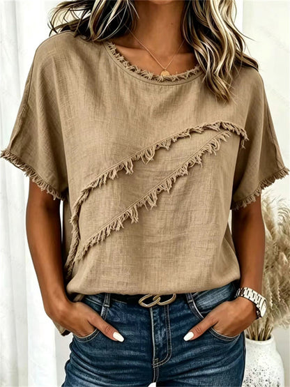 Damers Frayed Fringe Trim Patchwork linne kortärmad T-shirt