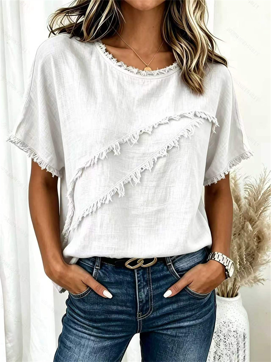 Damers Frayed Fringe Trim Patchwork linne kortärmad T-shirt