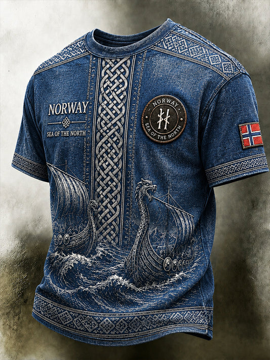 Lättviktig T-shirt med vintageartprint i norsk viking- och skandinavisk/nordisk stil