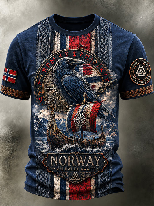 Lättviktig T-shirt med vintageartprint i norsk viking- och skandinavisk/nordisk stil