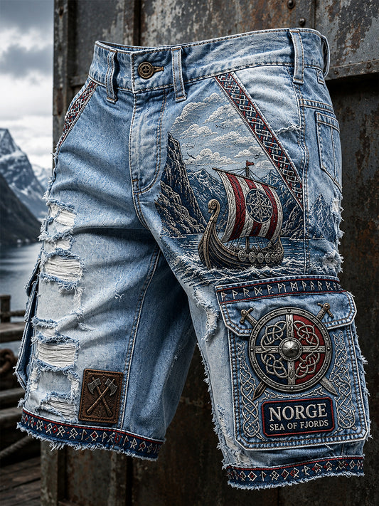 Ledsna shorts med vintage norsk viking-, skandinavisk- och nordiskstil – konsttryck