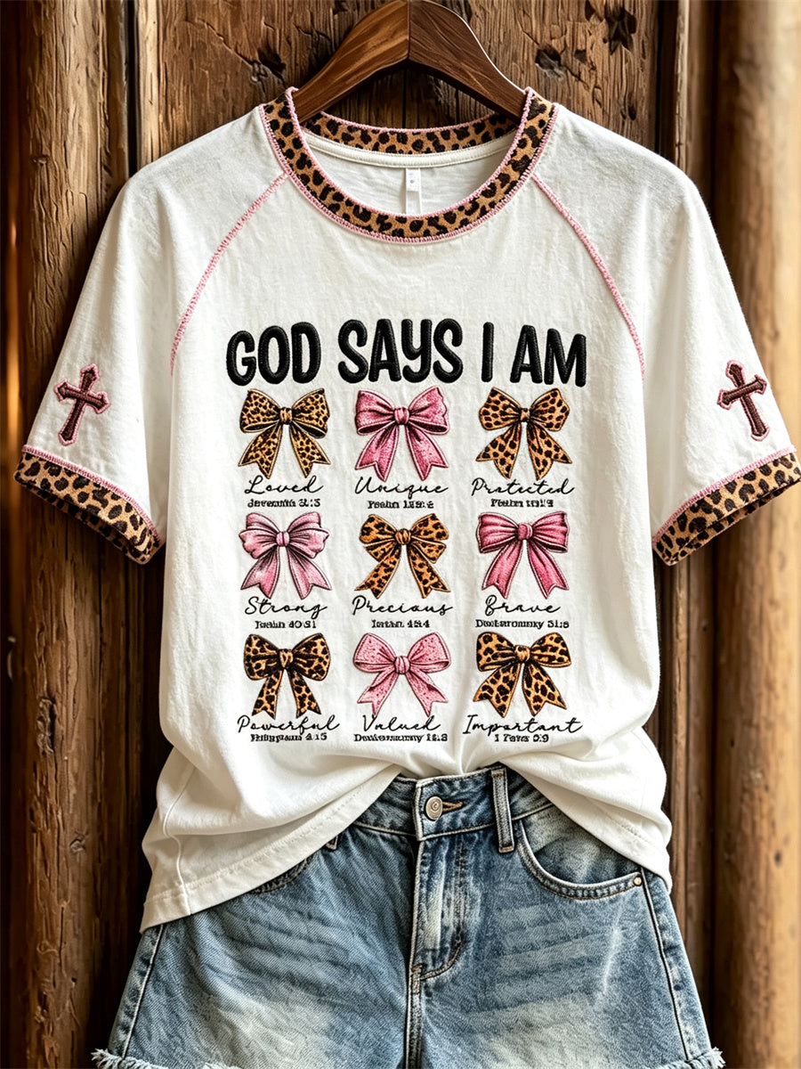 Kvinnors Gud säger jag är Leopard Bow Knop Skriv ut kort ärm T-shirt