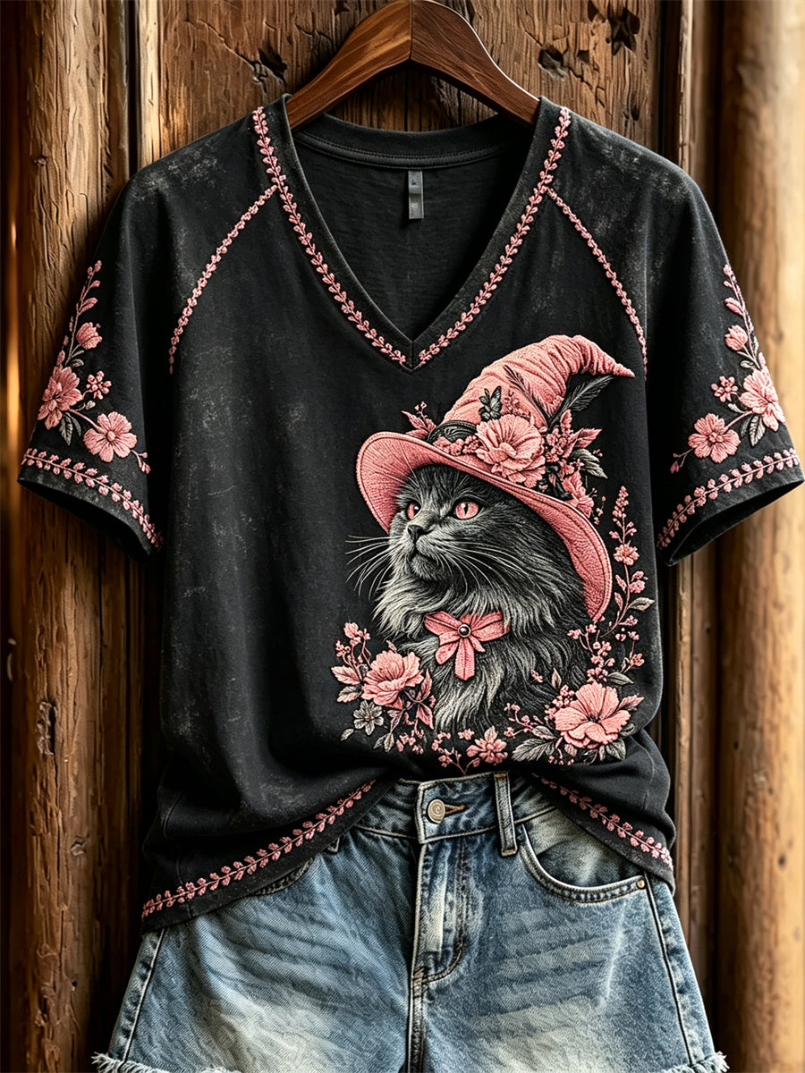 Kvinnors svart katt häxa rosa blommiga konst Skriv ut kortärmad t-shirt
