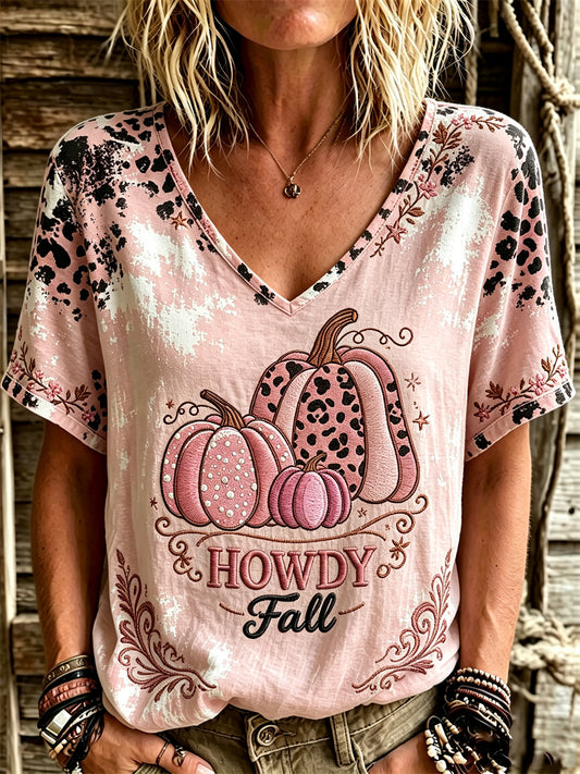 Damens Western Howdy Fall Pink Pumpkins Leopard Print linne kortärmade T-shirt