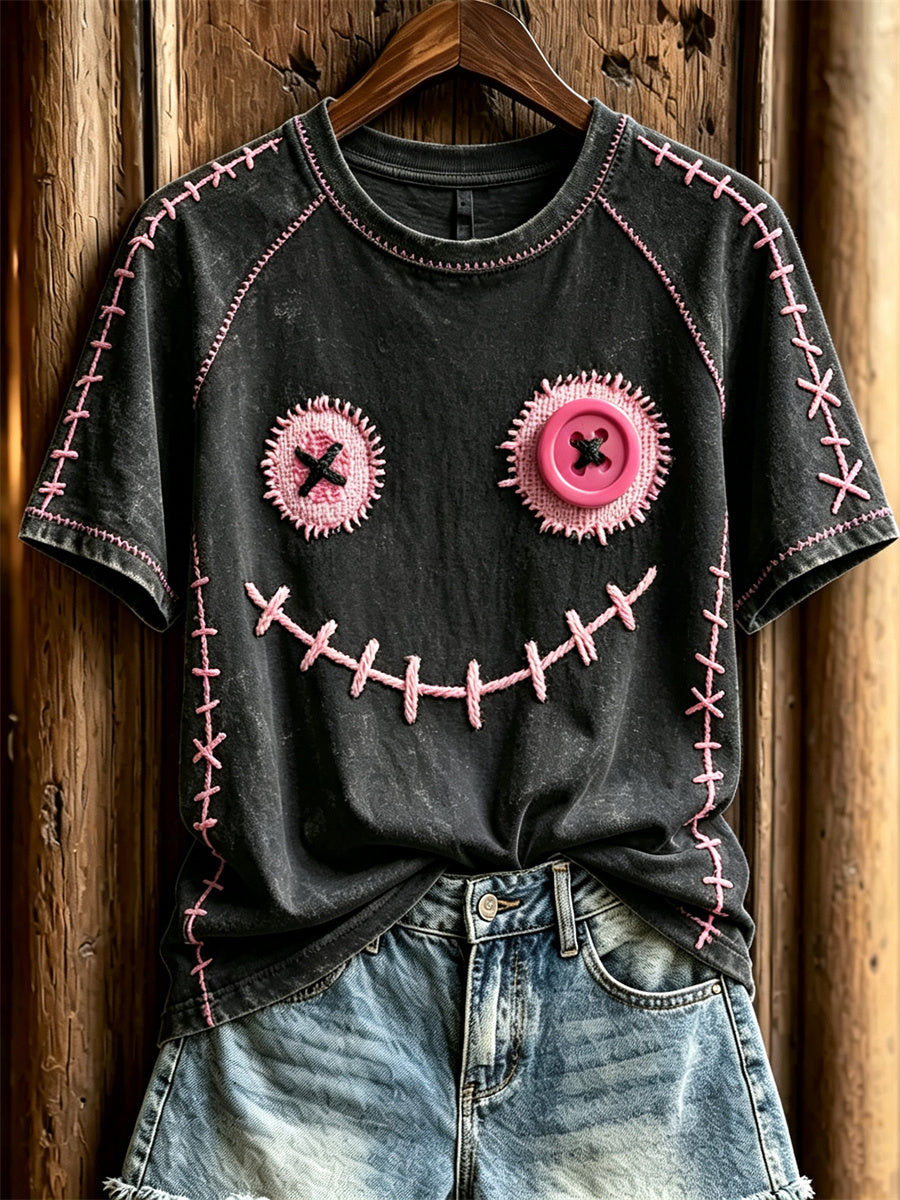 Damer söt monsteransikte rosa sömmar tryck kortärmad t-shirt