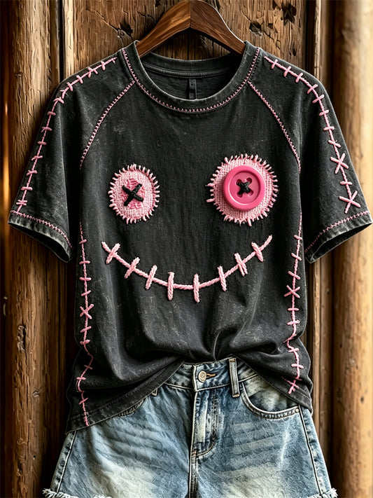 Damer söt monsteransikte rosa sömmar tryck kortärmad t-shirt