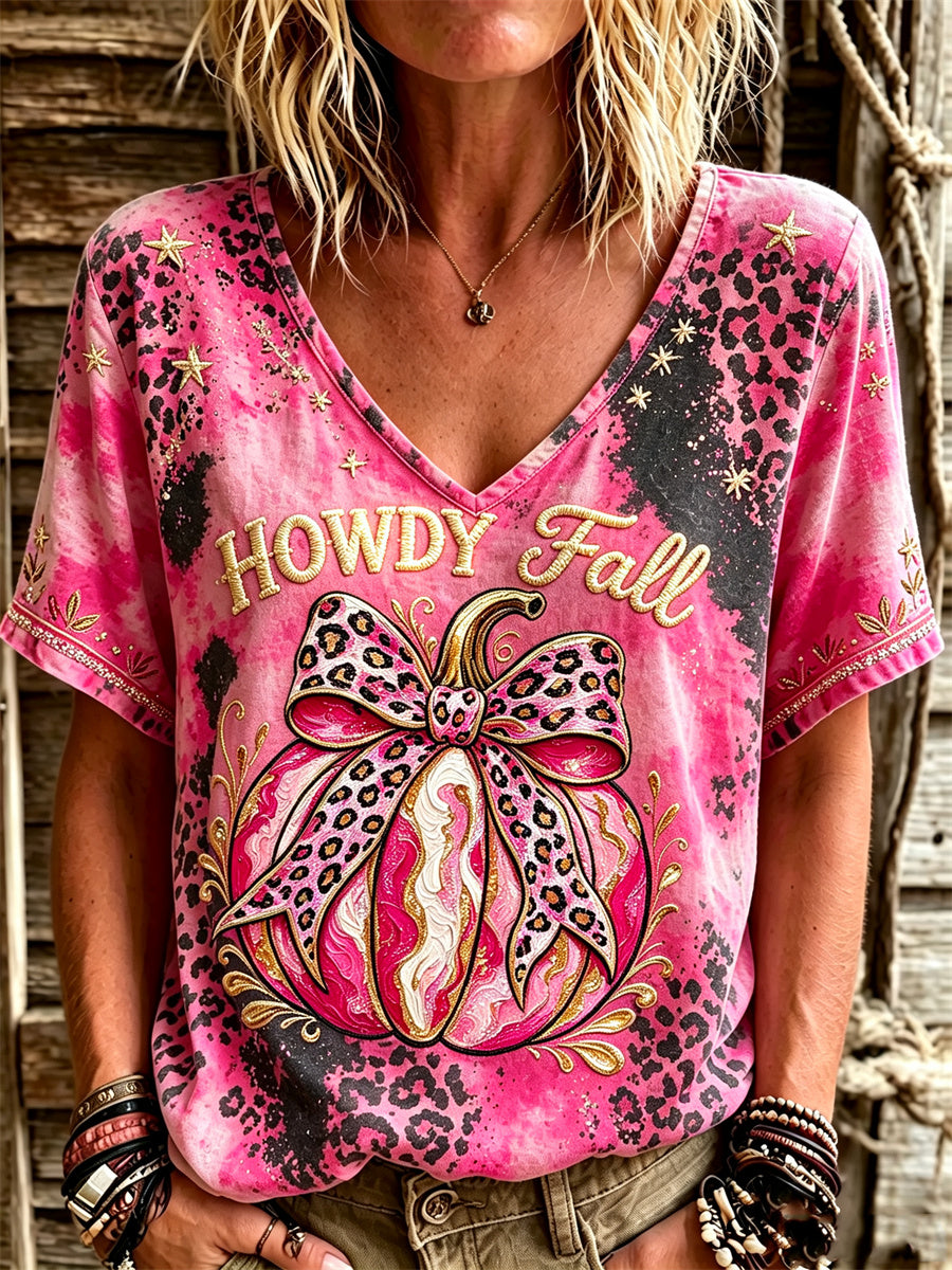 Damens Western Howdy Fall Pink Pumpkin Leopard Cowhide Print linne kortärmade T-shirt