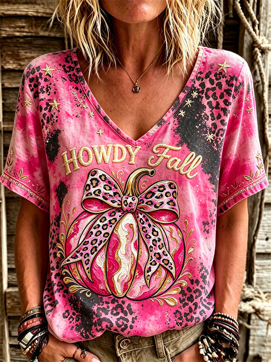 Damens Western Howdy Fall Pink Pumpkin Leopard Cowhide Print linne kortärmade T-shirt