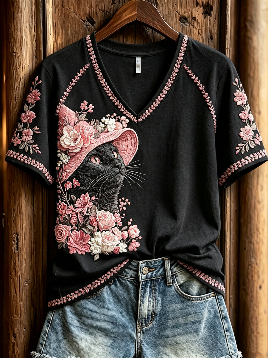 Dammens svart katt häxa rosa blomsterkonsttryck t-shirt med korta ärmarna