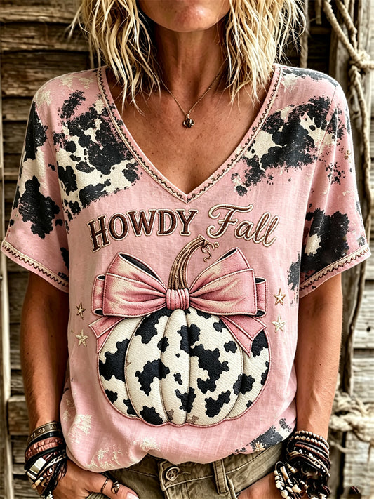 Damens Western Howdy Fall Pink Pumpkin Cowhide Skriv ut linne kortärmade T-shirta