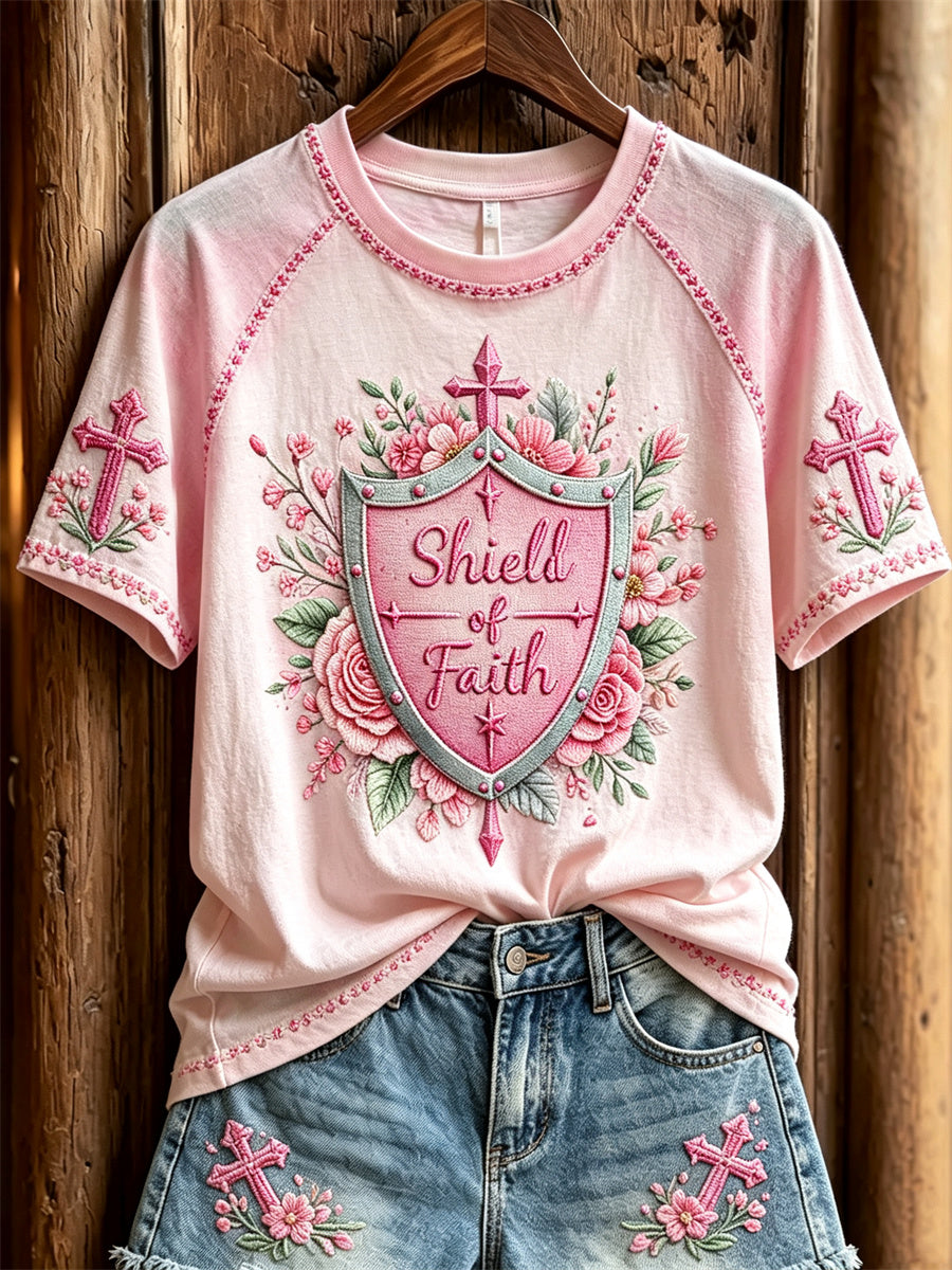 Damens sköld of Faith Pink Floral & Cross Skriv ut kort ärm T-shirt