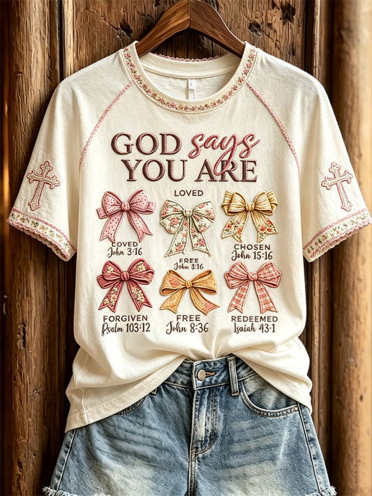 Kvinnors Gud säger du är Cottagecore Bog knop Skriv ut kort ärm T-shirt