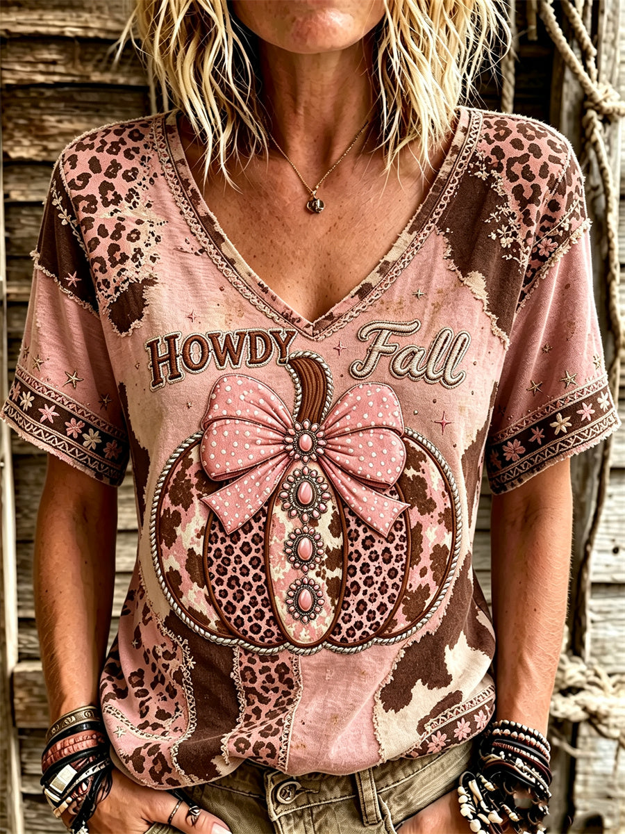 Damskjorta i westernstil med höstmotiv – rosa pumpor och leopardmönster, skinnimitation, linne, kortärmad
