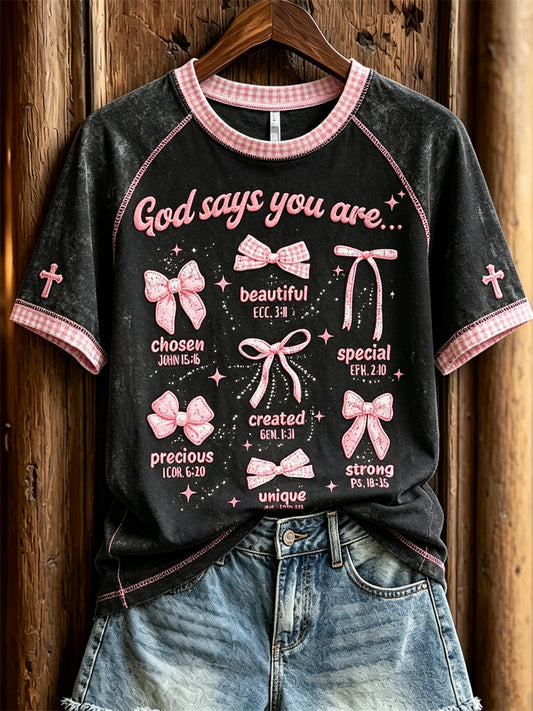 Kvinnors Gud säger du är rosa båge knop Skriv ut kort ärm T-shirt