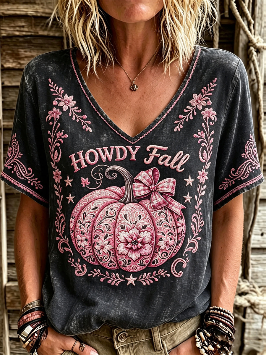 Damens Western Howdy Fall Pink Pumpkin Vintage Floral Print linne kortärmade T-shirt
