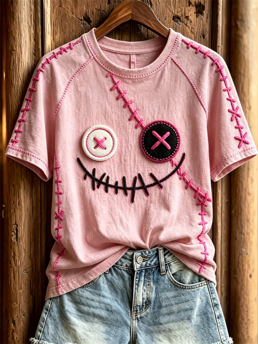Damer söt monsteransikte rosa sömmar tryck kortärmad t-shirt
