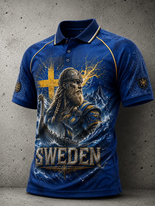 Herrpolotröja med svensk vikingmotiv